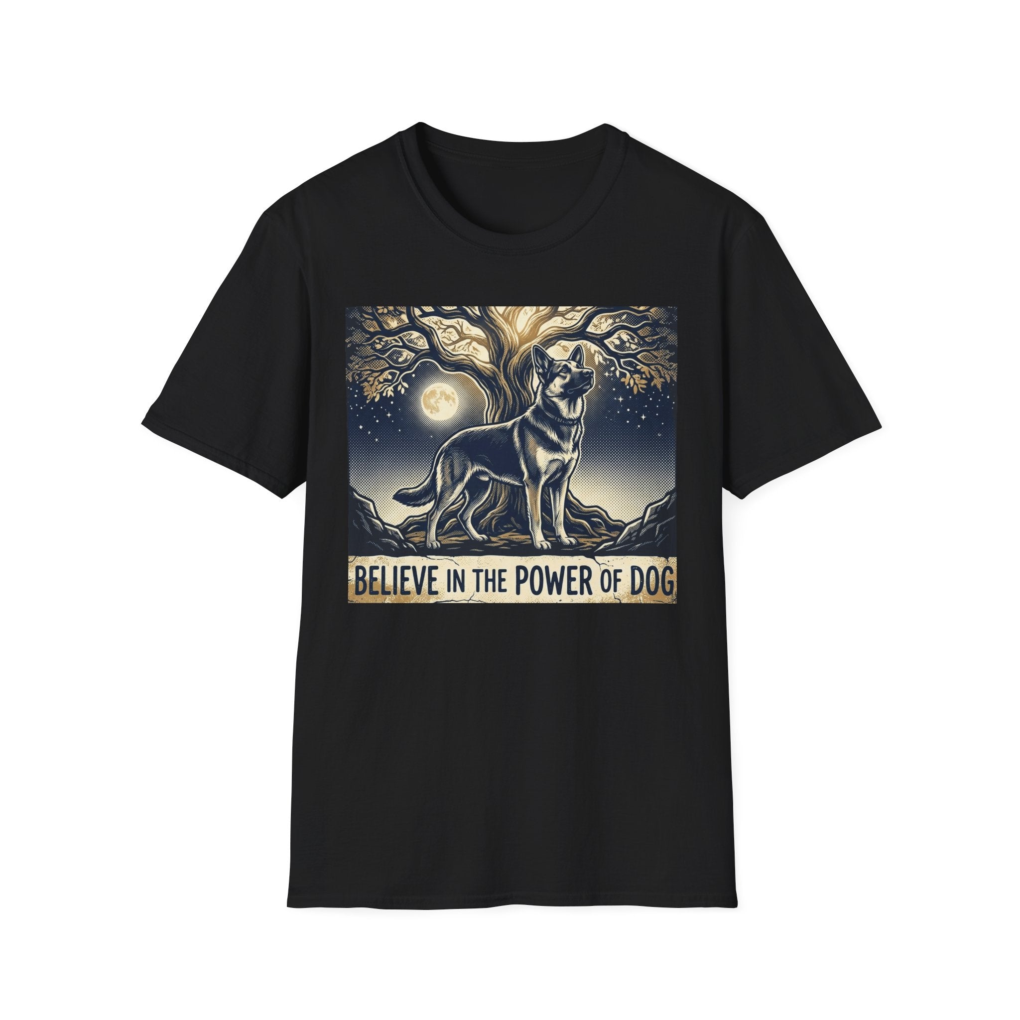 Believe in the Power of Dog German Shepherd T-shirt flat lay in black, featuring a vintage-style illustration of a German Shepherd standing under a moonlit tree with the text "Believe in the Power of Dog."