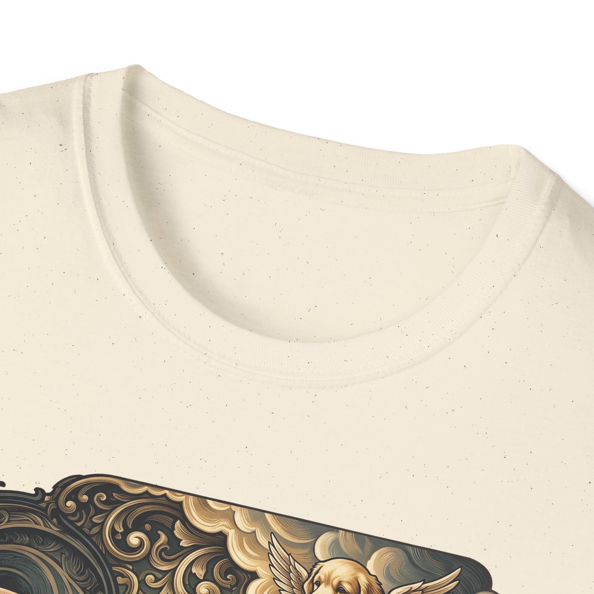 Creation of Adam T-Shirt close-up detail on natural cream shirt showing the angel golden retriever with wings and cherub in the baroque cloud design of the Creation of Adam parody graphic.