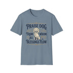 Praise Dog From Whom All Blessings Flow Golden Retriever T-Shirt flat lay in slate blue, featuring a vintage-style graphic of a seated golden retriever with a glowing halo, surrounded by ornate scroll flourishes and paw print accents.