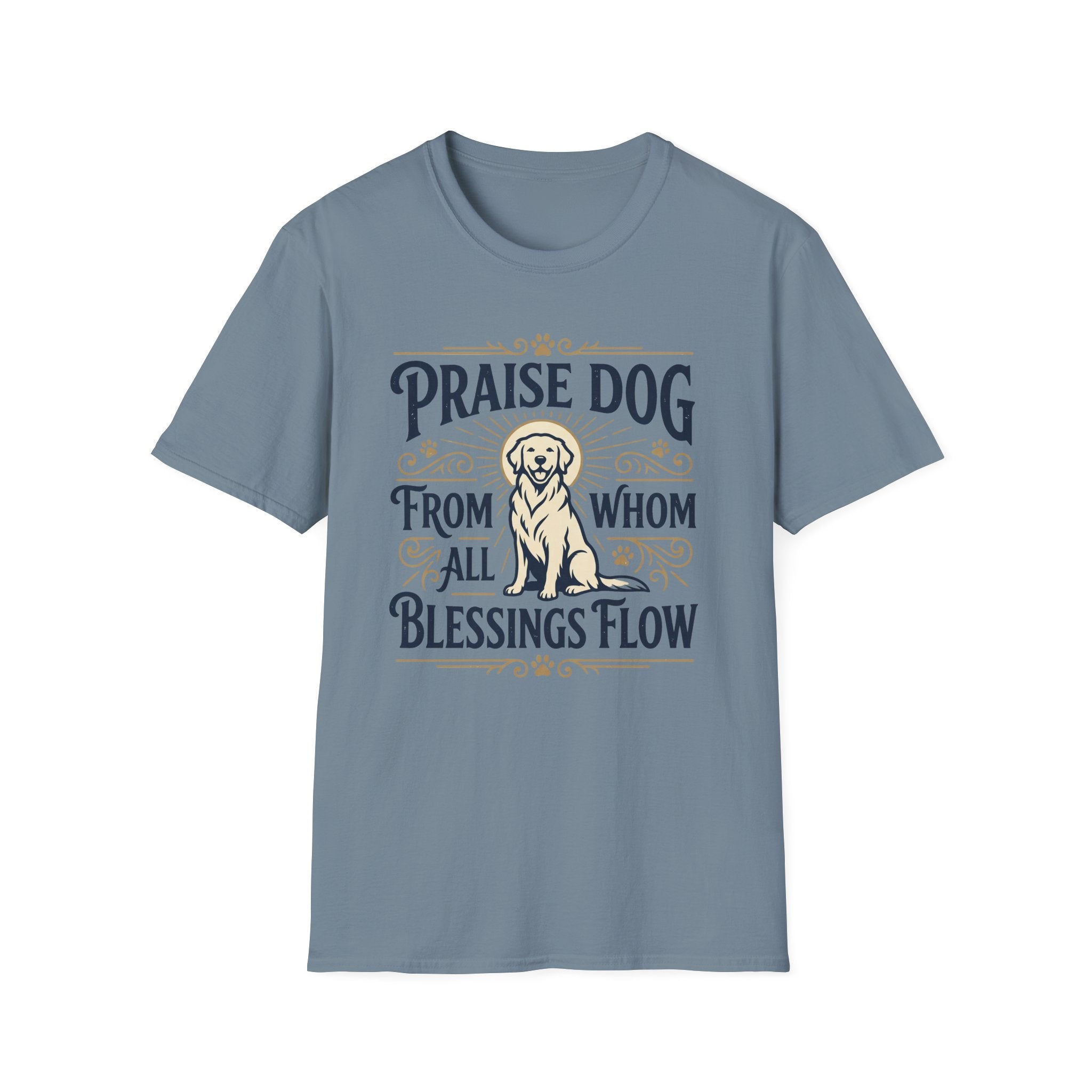 Praise Dog From Whom All Blessings Flow Golden Retriever T-Shirt flat lay in slate blue, featuring a vintage-style graphic of a seated golden retriever with a glowing halo, surrounded by ornate scroll flourishes and paw print accents.