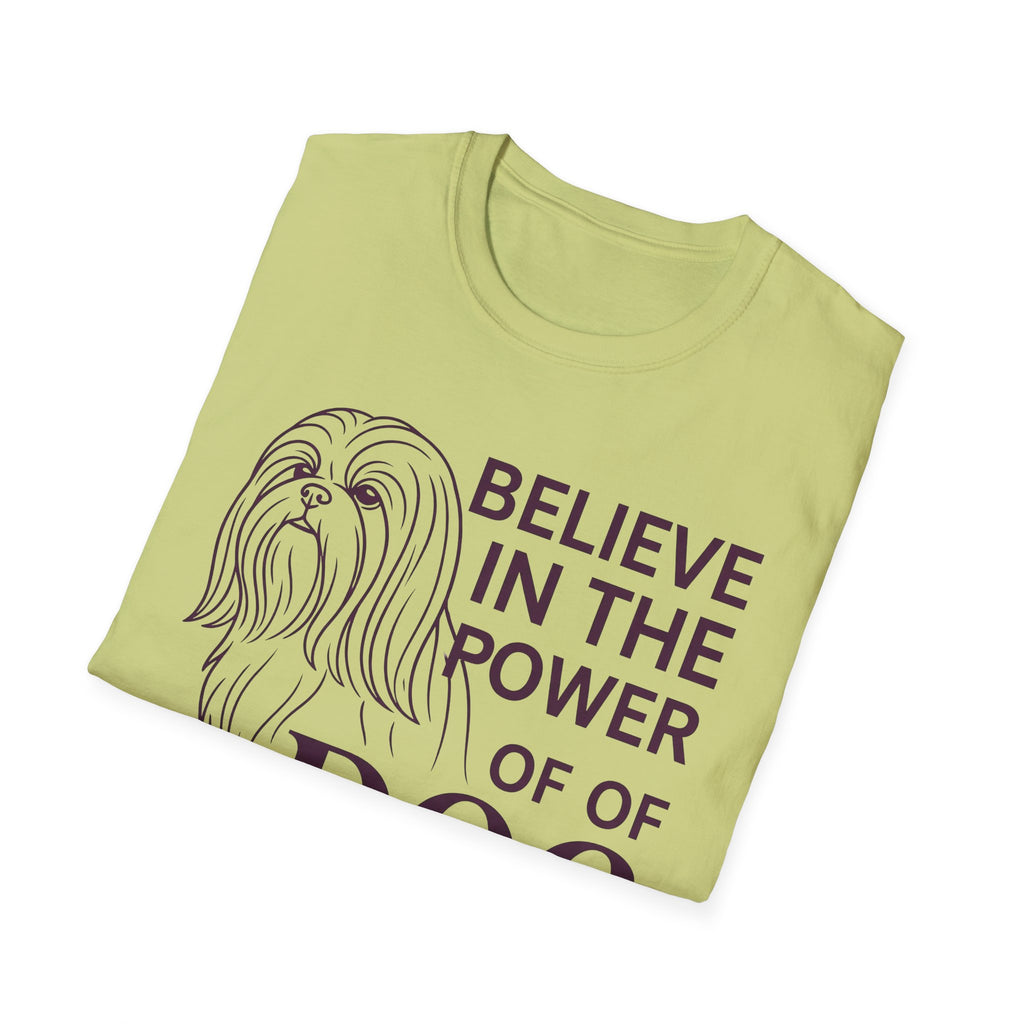 Believe in the Power of Dog Shih Tzu Line Art T-Shirt in sage green, folded flat lay showing the Shih Tzu line art and Believe in the Power of Dog text.