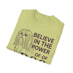 Believe in the Power of Dog Shih Tzu Line Art T-Shirt in sage green, folded flat lay showing the Shih Tzu line art and Believe in the Power of Dog text.