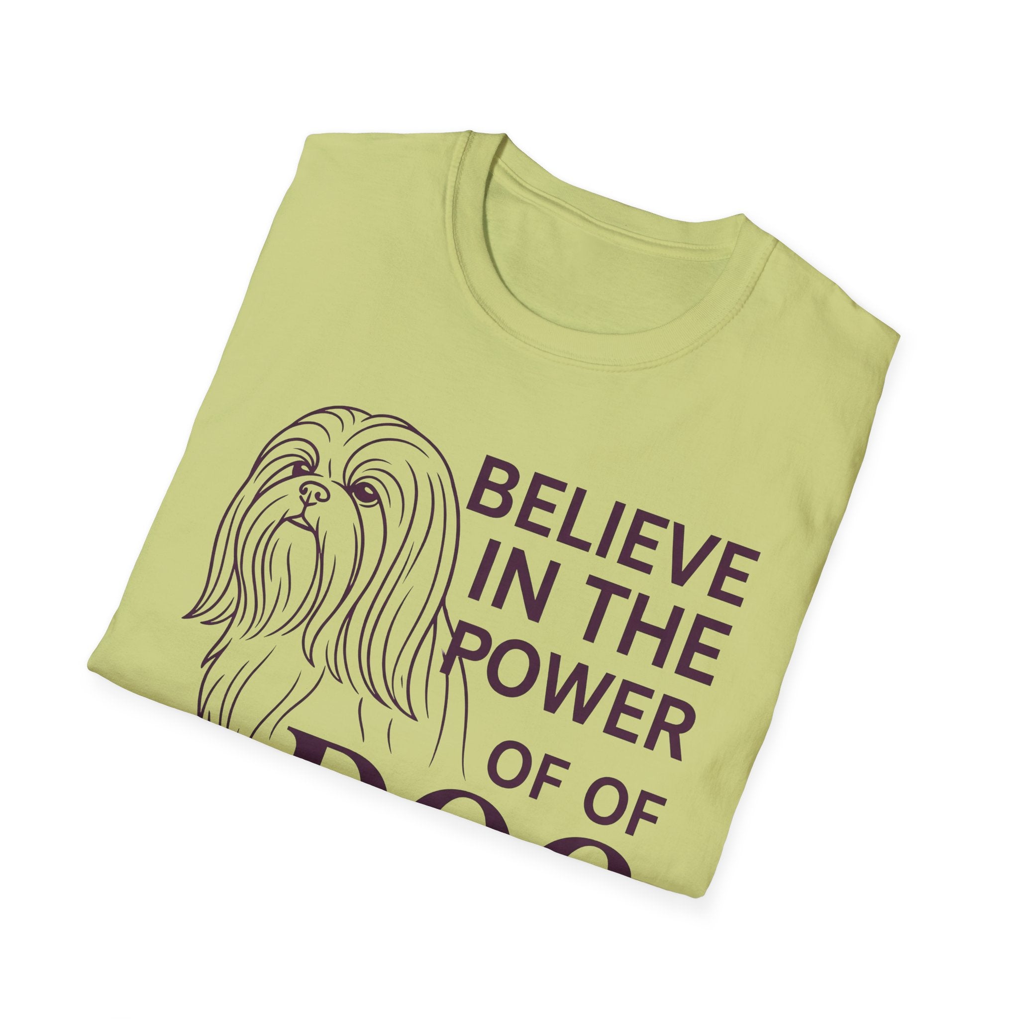 Believe in the Power of Dog Shih Tzu Line Art T-Shirt in sage green, folded flat lay showing the Shih Tzu line art and Believe in the Power of Dog text.