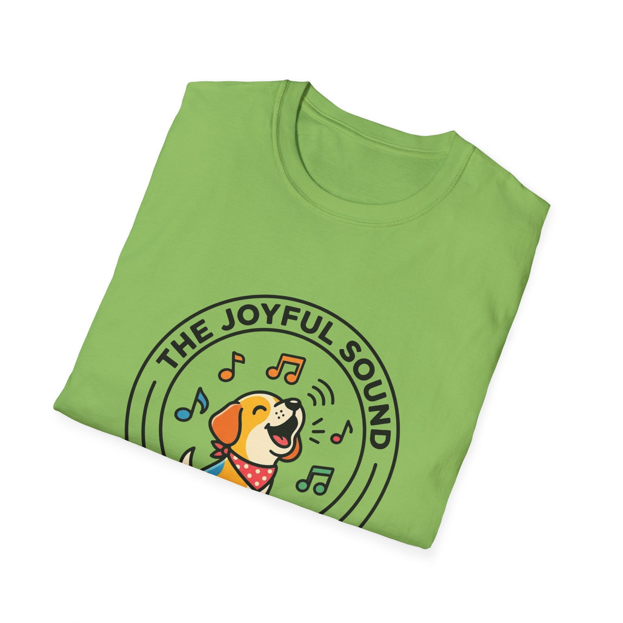 The Joyful Sound of Barking T-shirt folded view, kiwi green shirt showing the circular badge graphic of a barking dog with musical notes and the text 'The Joyful Sound of Barking.'