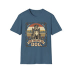 For the Love of Dog Pitbull T-Shirt flat lay on steel blue/indigo shirt featuring a regal pitbull seated on a throne wearing a crown, with the text 'For the Love of Dog' in a vintage ornate frame with paw prints and bones.