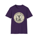 I Stand Amazed Chihuahua T-Shirt in purple, flat lay front view featuring a vintage-style circular graphic of a Chihuahua with a halo seated above a small human figure bowing in reverence, with the text 'I Stand Amazed in the Presence of Dog.'