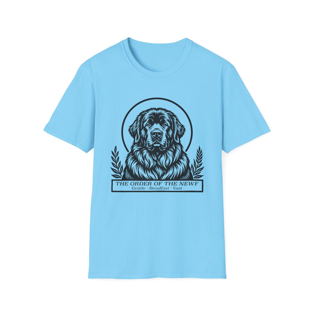 Holy Orders | Newfoundland T-Shirt flat lay on white shirt featuring a stained glass style illustration of a Newfoundland depicted as a holy figure with a golden halo and the text 'Holy Orders.'