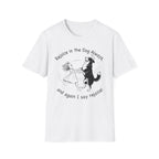 Rejoice in the Dog Lobo T-Shirt in white, flat lay mockup showing a woman joyfully dancing with a rearing black-and-white Border Collie line-art illustration and the text 'Rejoice in the Dog Always, and again I say rejoice!'