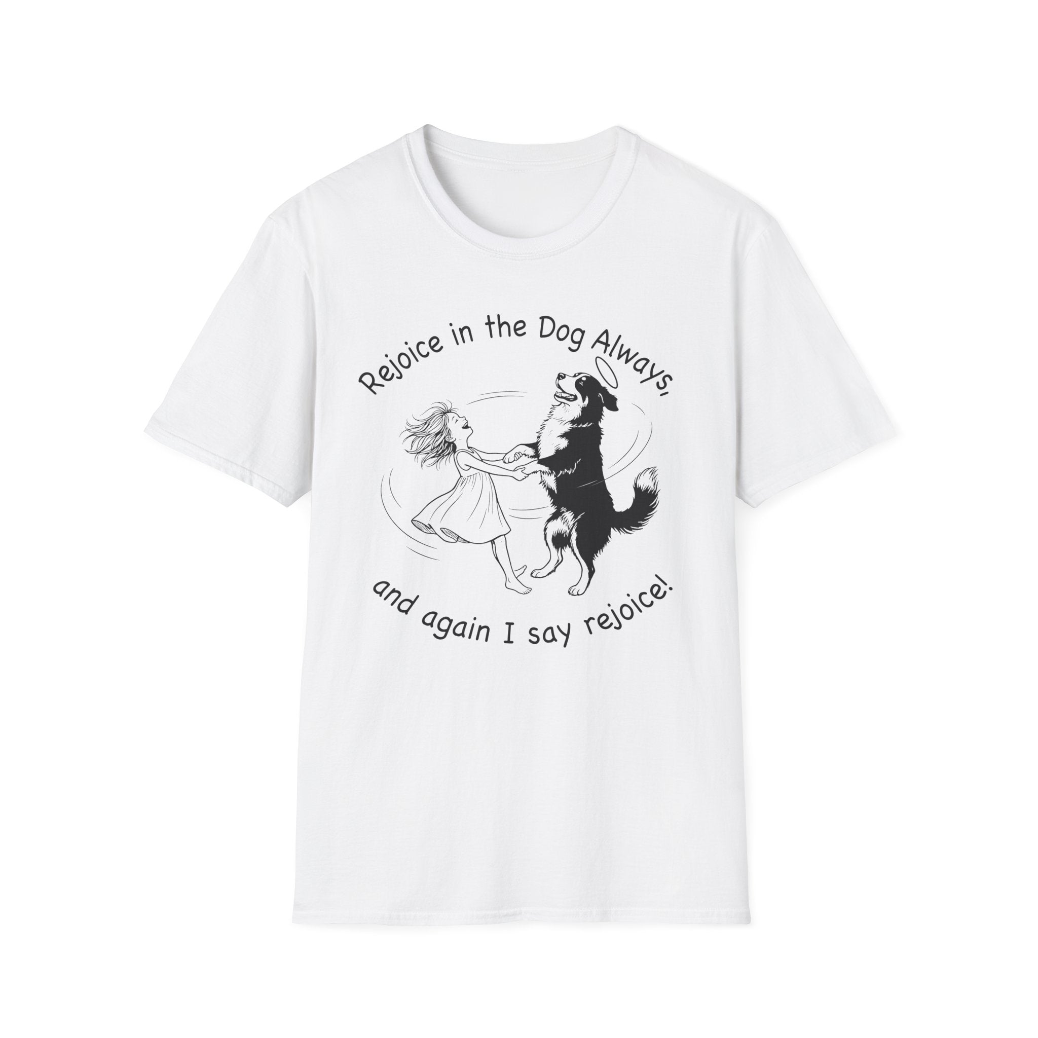Rejoice in the Dog Lobo T-Shirt in white, flat lay mockup showing a woman joyfully dancing with a rearing black-and-white Border Collie line-art illustration and the text 'Rejoice in the Dog Always, and again I say rejoice!'