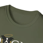 Dogma House Logo Dark T-Shirt close-up detail on military green, showing the upper chest area with the halo-wearing black-and-white dog forming the letter O in the Dogma House logo.