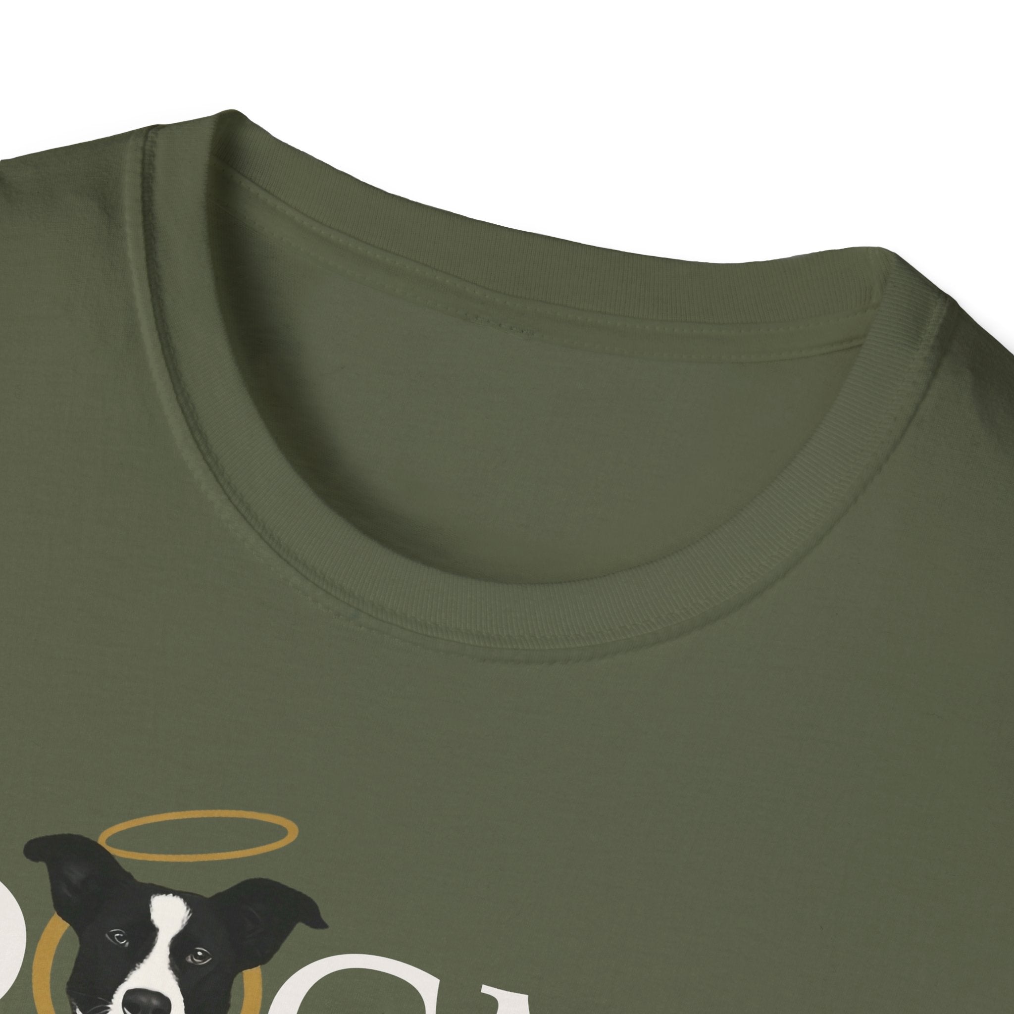 Dogma House Logo Dark T-Shirt close-up detail on military green, showing the upper chest area with the halo-wearing black-and-white dog forming the letter O in the Dogma House logo.