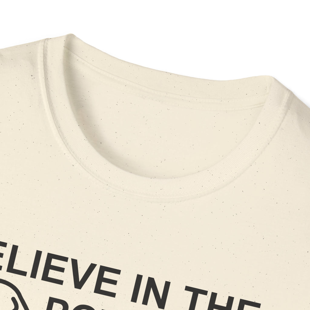 Believe in the Power of Dog T-Shirt close-up detail in natural cream, showing the collar area and top of the graphic with dog outline.