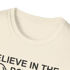 Believe in the Power of Dog T-Shirt close-up detail in natural cream, showing the collar area and top of the graphic with dog outline.