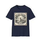 How Great Thou Bark Monotone T-Shirt flat lay on navy shirt featuring a vintage-style sepia graphic of a dog standing on a hilltop with divine rays of light and an open bible, with the text 'How Great Thou Bark – A Hymn for the Devoted.'