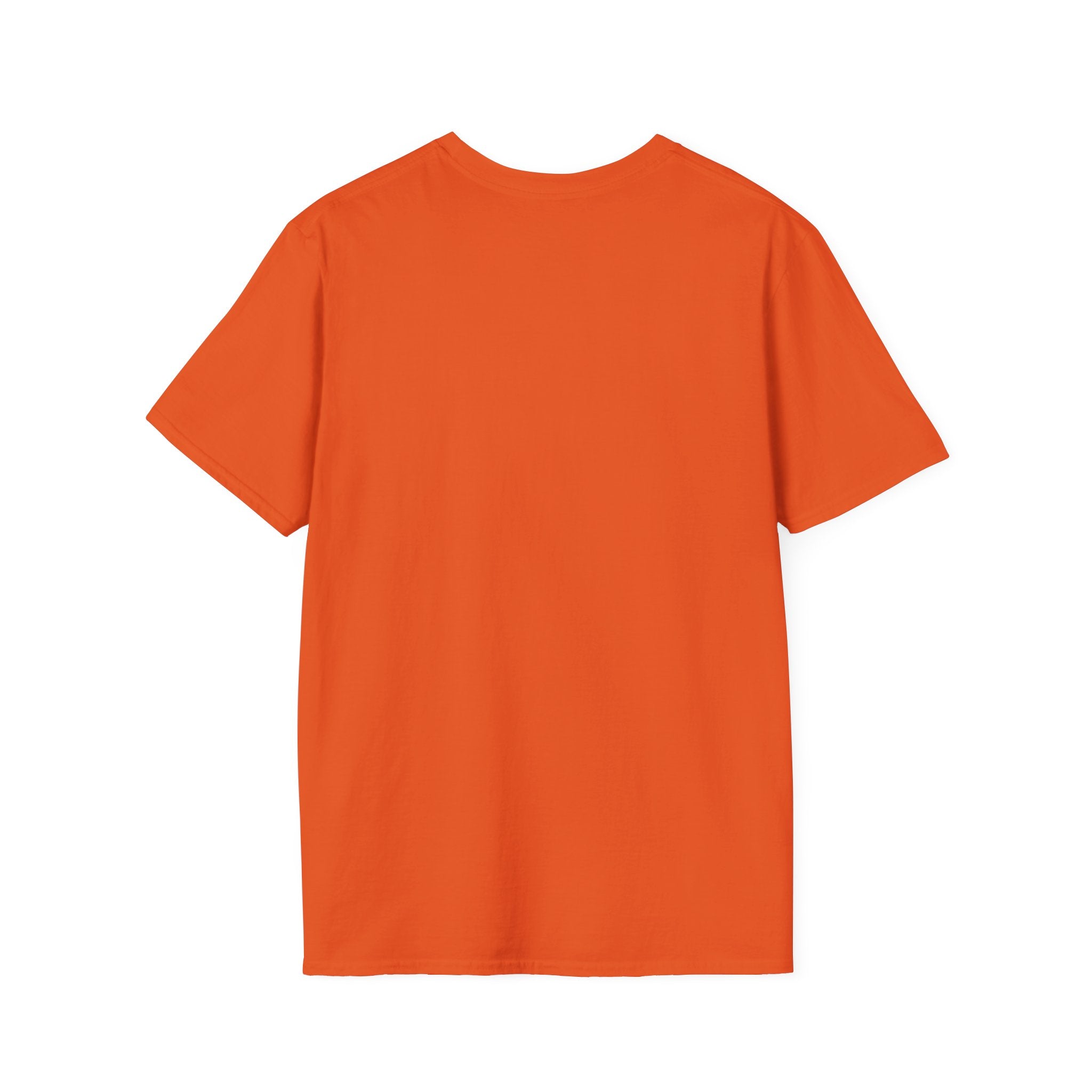 Saint Biscuit Heal Us T-shirt back view flat lay in orange, showing a plain orange back with no graphic.