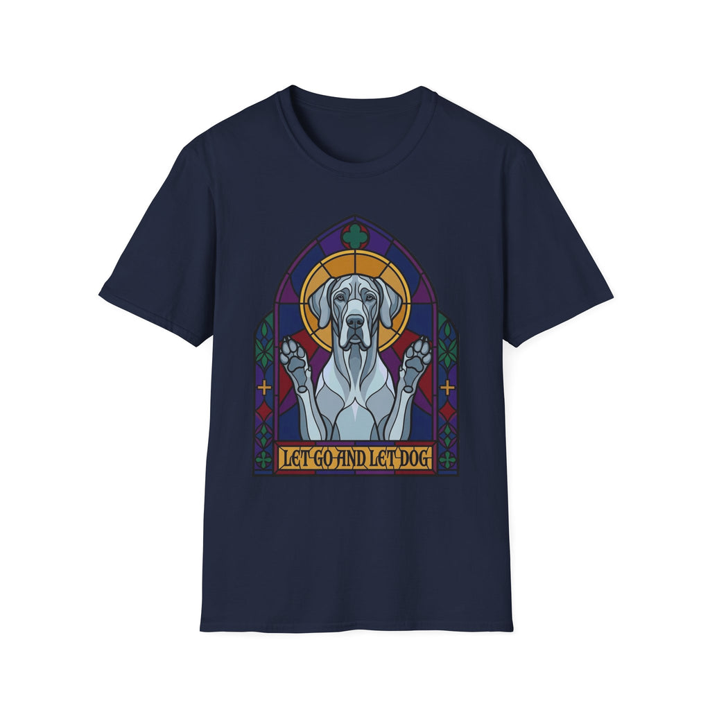 Let Go Let Dog Great Dane T-Shirt, flat lay on navy tee featuring a stained-glass style Great Dane depicted as a spiritual figure with paws raised in a Gothic arch and the text Let Go and Let Dog.