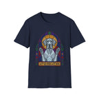 Let Go Let Dog Great Dane T-Shirt, flat lay on navy tee featuring a stained-glass style Great Dane depicted as a spiritual figure with paws raised in a Gothic arch and the text Let Go and Let Dog.