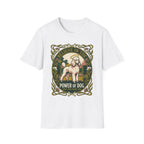 Believe in the Power of Dog Poodle T-Shirt in white, flat lay view showing an Art Nouveau-framed graphic of a halo-wearing cream poodle in a garden setting, with floral borders and the words 'Grace Intelligence Love'.