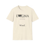 Dogma House Logo Light T-Shirt flat lay in natural/cream, featuring the Dogma House brand logo with a border collie face with a golden halo and the tagline "Praise Be To Dog." and "Woof." text.