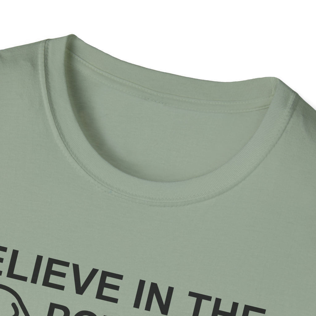 Believe in the Power of Dog T-Shirt close-up detail in sage green, showing the collar area and top of the graphic with dog outline and text Believe in the Power.