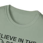 Believe in the Power of Dog T-Shirt close-up detail in sage green, showing the collar area and top of the graphic with dog outline and text Believe in the Power.