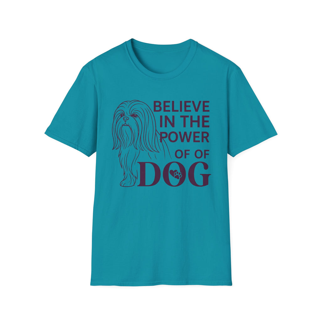 Believe in the Power of Dog Shih Tzu Line Art T-Shirt in teal blue, flat lay, featuring a minimalist dark line art illustration of a Shih Tzu alongside bold text reading Believe in the Power of Dog with a paw print accent.