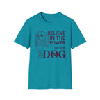 Believe in the Power of Dog Shih Tzu Line Art T-Shirt in teal blue, flat lay, featuring a minimalist dark line art illustration of a Shih Tzu alongside bold text reading Believe in the Power of Dog with a paw print accent.