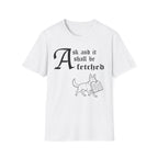 German Shepherd Ask and It Shall Be Fetched T-Shirt flat lay on sage green shirt featuring a Shel Silverstein-style pen-and-ink illustration of a German Shepherd proudly trotting with stone tablets and the text 'Ask and it shall be fetched.'