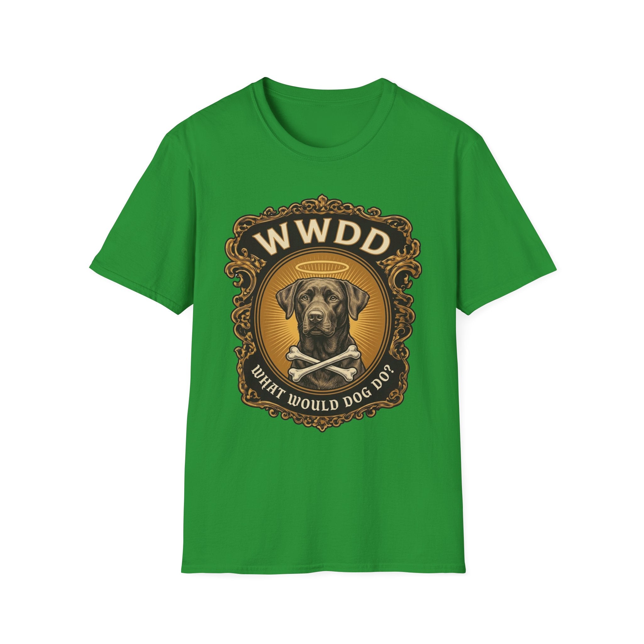 What Would Dog Do Chocolate Lab T-Shirt flat lay on green, featuring an ornate gold WWDD badge with a halo-wearing chocolate Labrador and crossbones and the text 'What Would Dog Do?'
