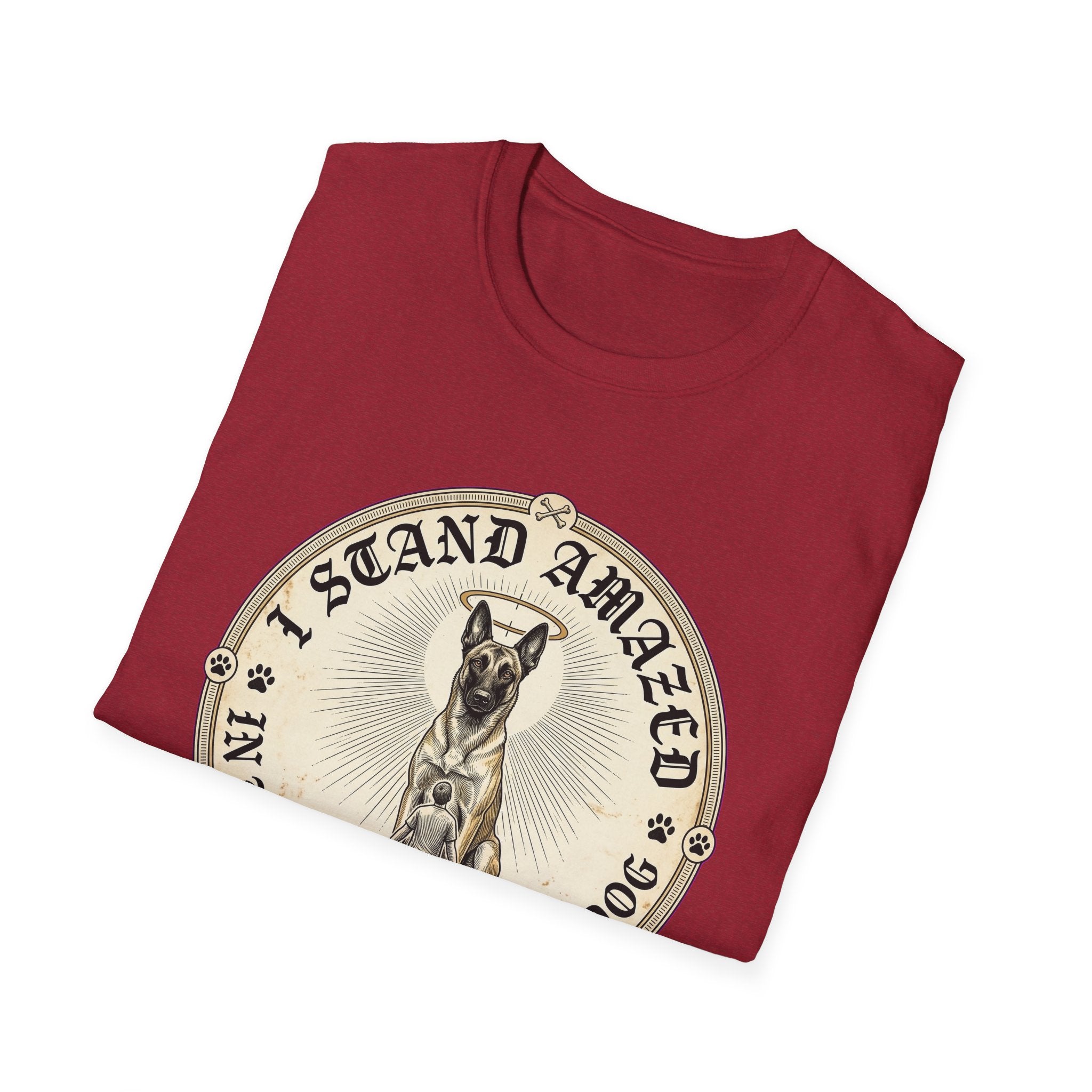 I Stand Amazed Belgian Malinois T-Shirt in cardinal red, folded view showing the front graphic of the Belgian Malinois design with halo and 'I Stand Amazed' text.