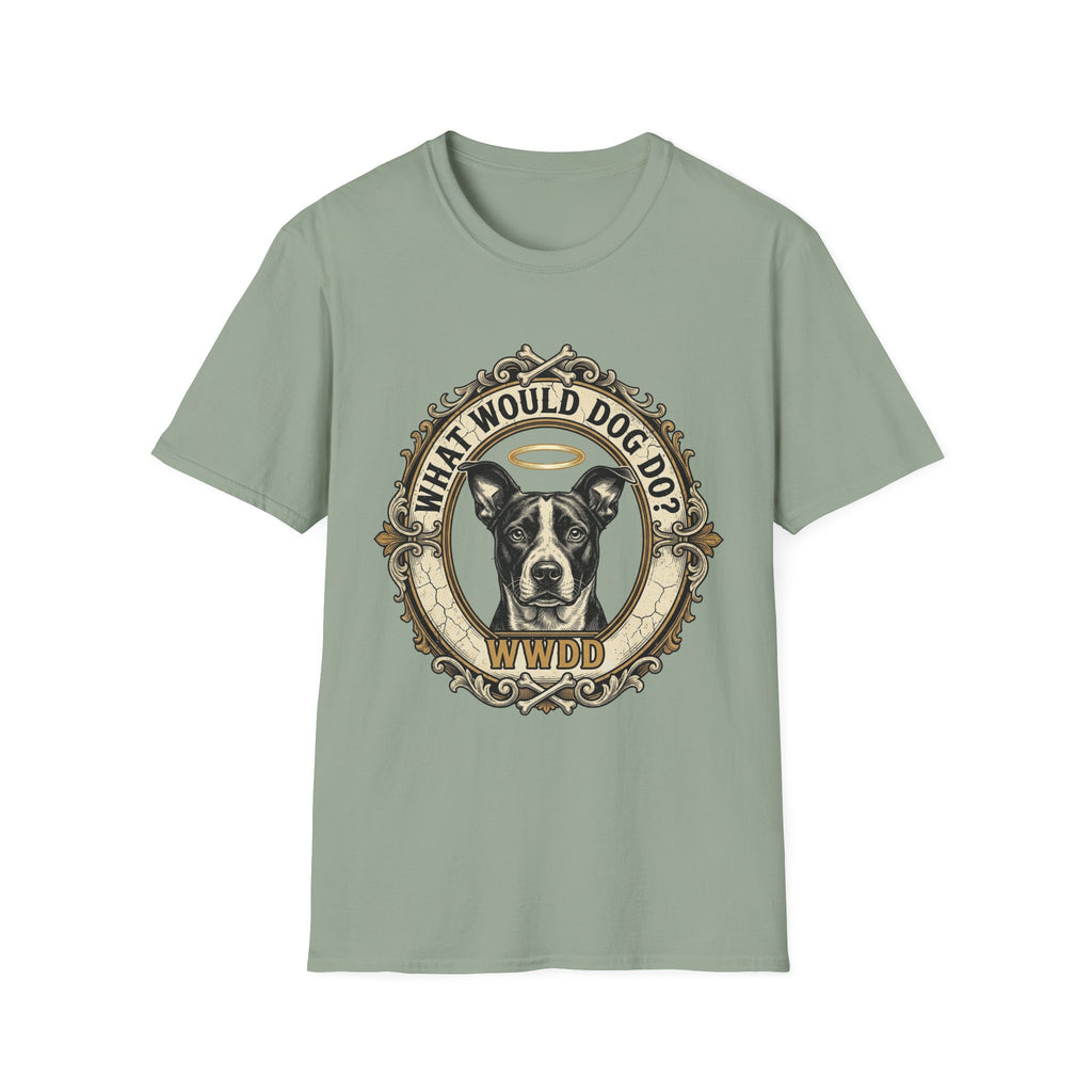 What Would Dog Do T-Shirt flat lay on sage green shirt featuring an ornate vintage frame design with a halo-wearing pit bull and the text What Would Dog Do? WWDD.