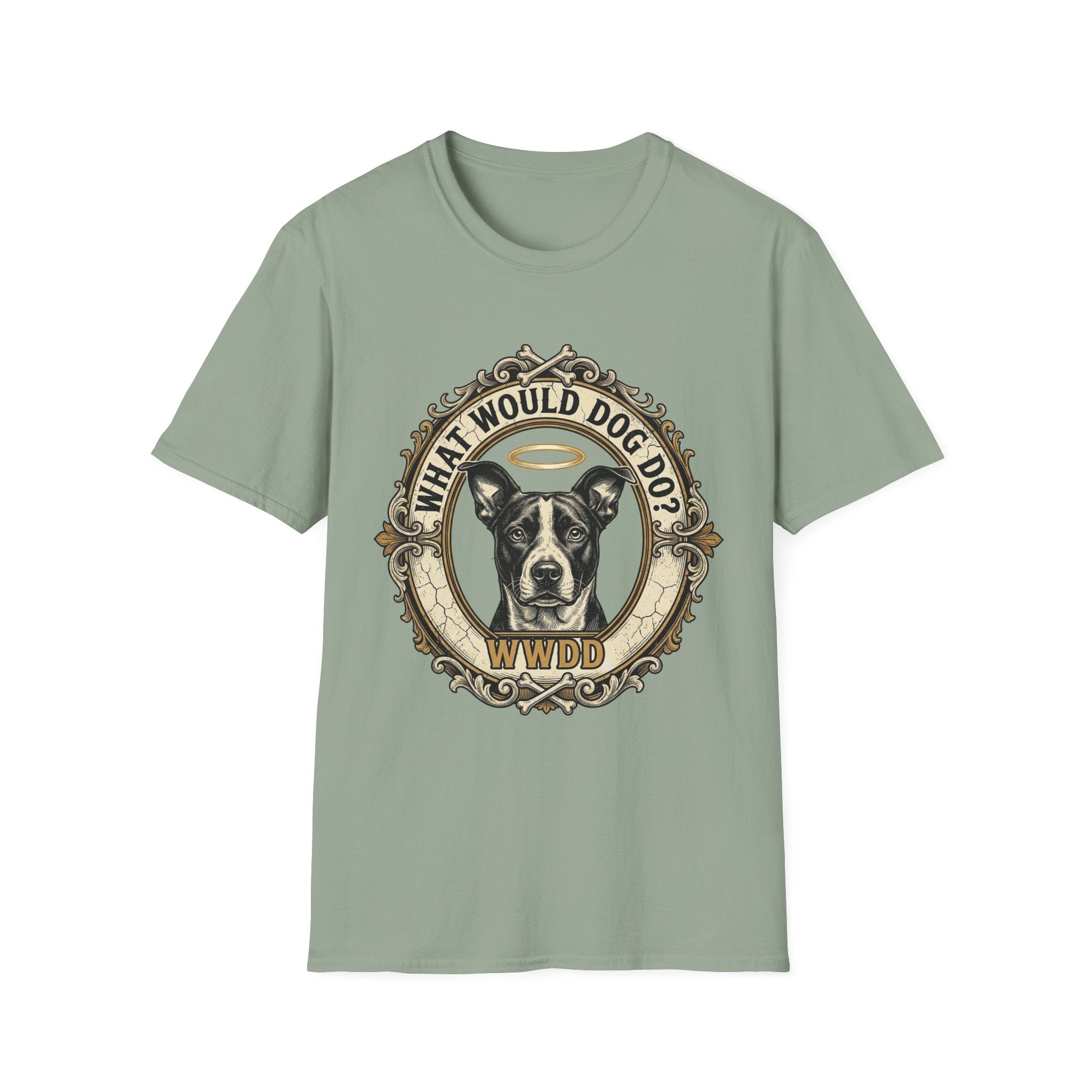What Would Dog Do T-Shirt flat lay on sage green shirt featuring an ornate vintage frame design with a halo-wearing pit bull and the text What Would Dog Do? WWDD.