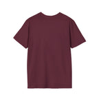 Saint Biscuit Heal Us T-shirt back view flat lay in maroon, showing a plain maroon back with no graphic.