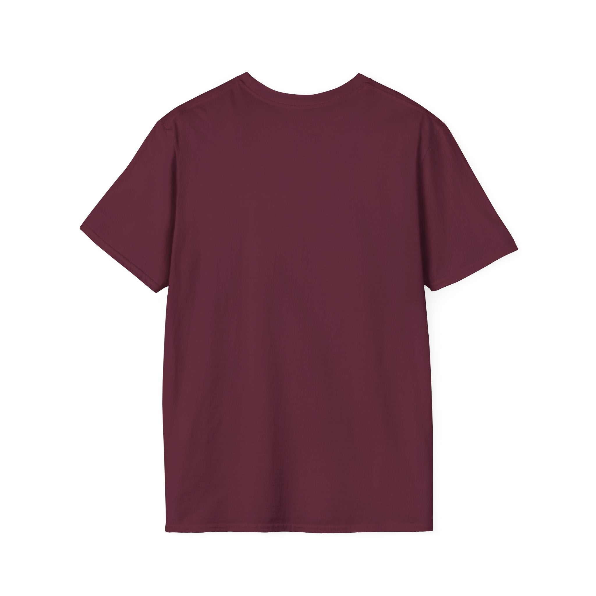 Saint Biscuit Heal Us T-shirt back view flat lay in maroon, showing a plain maroon back with no graphic.