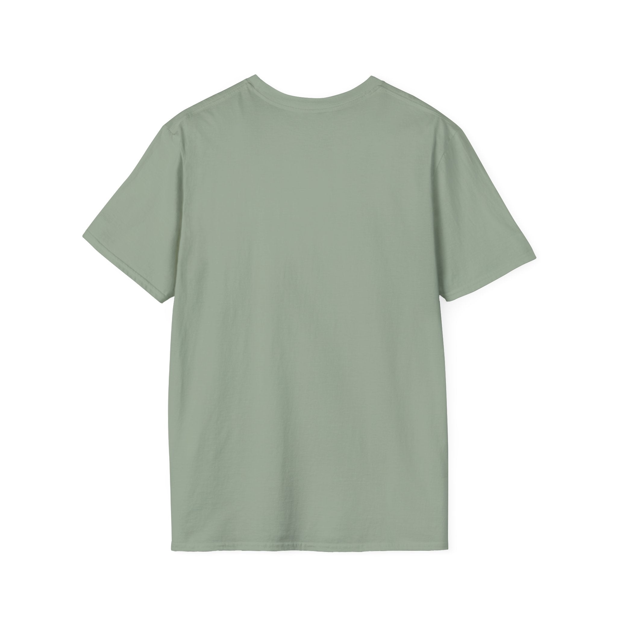 Praise Dog From Whom All Blessings Flow Geometric T-Shirt back view flat lay in sage green, showing a plain crew neck back with no graphic.