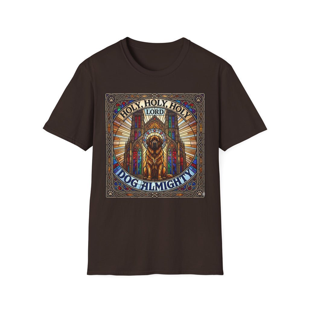 Holy Holy Holy St Bernard T-Shirt flat lay on dark chocolate brown, featuring a stained-glass-style illustration of a St Bernard seated before cathedral arches with the text 'Holy Holy Holy Lord Dog Almighty'.