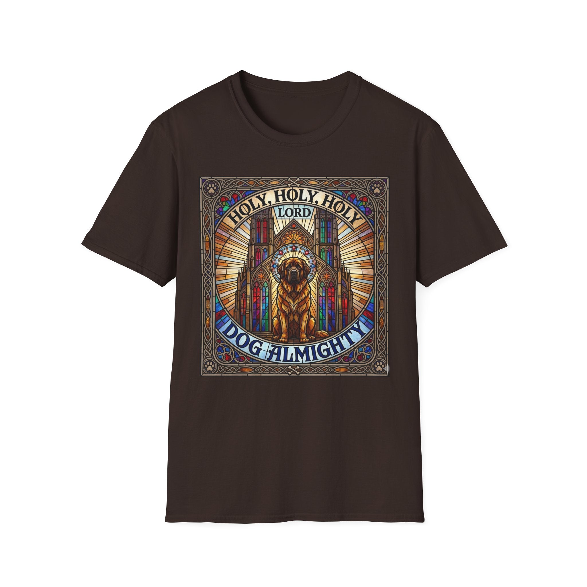 Holy Holy Holy St Bernard T-Shirt flat lay on dark chocolate brown, featuring a stained-glass-style illustration of a St Bernard seated before cathedral arches with the text 'Holy Holy Holy Lord Dog Almighty'.