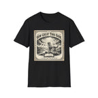 How Great Thou Bark Monotone T-Shirt flat lay on black shirt featuring a vintage-style sepia graphic of a dog standing on a hilltop with divine rays of light and an open bible, with the text 'How Great Thou Bark – A Hymn for the Devoted.'
