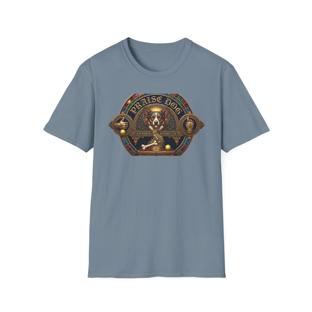 Praise Dog From Whom All Blessings Flow Corgi T-Shirt flat lay in slate blue, featuring an ornate medieval stained-glass style graphic of a regal corgi seated in a jewel-encrusted octagonal frame with gold gothic lettering and dog bone and tennis ball accents.