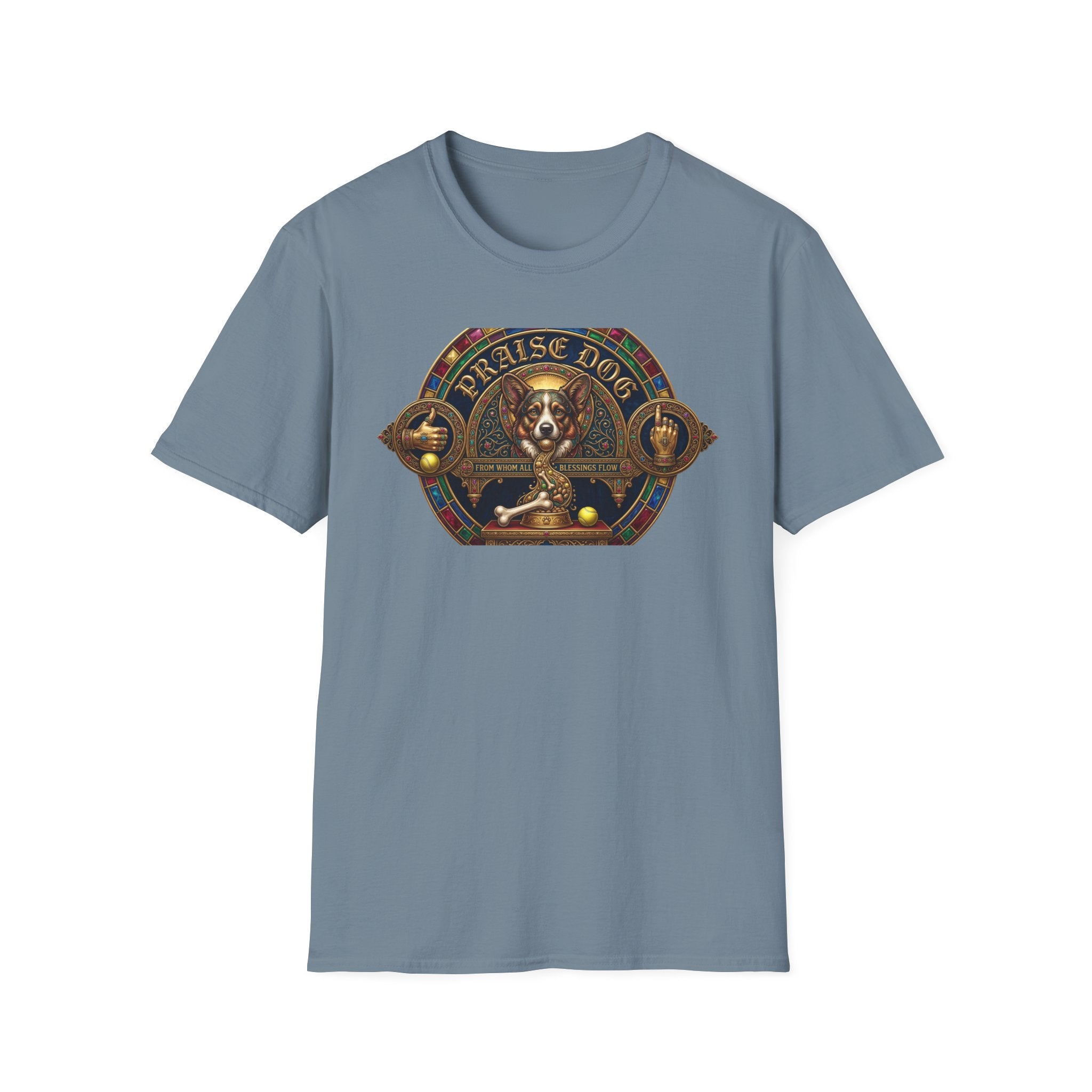 Praise Dog From Whom All Blessings Flow Corgi T-Shirt flat lay in slate blue, featuring an ornate medieval stained-glass style graphic of a regal corgi seated in a jewel-encrusted octagonal frame with gold gothic lettering and dog bone and tennis ball accents.