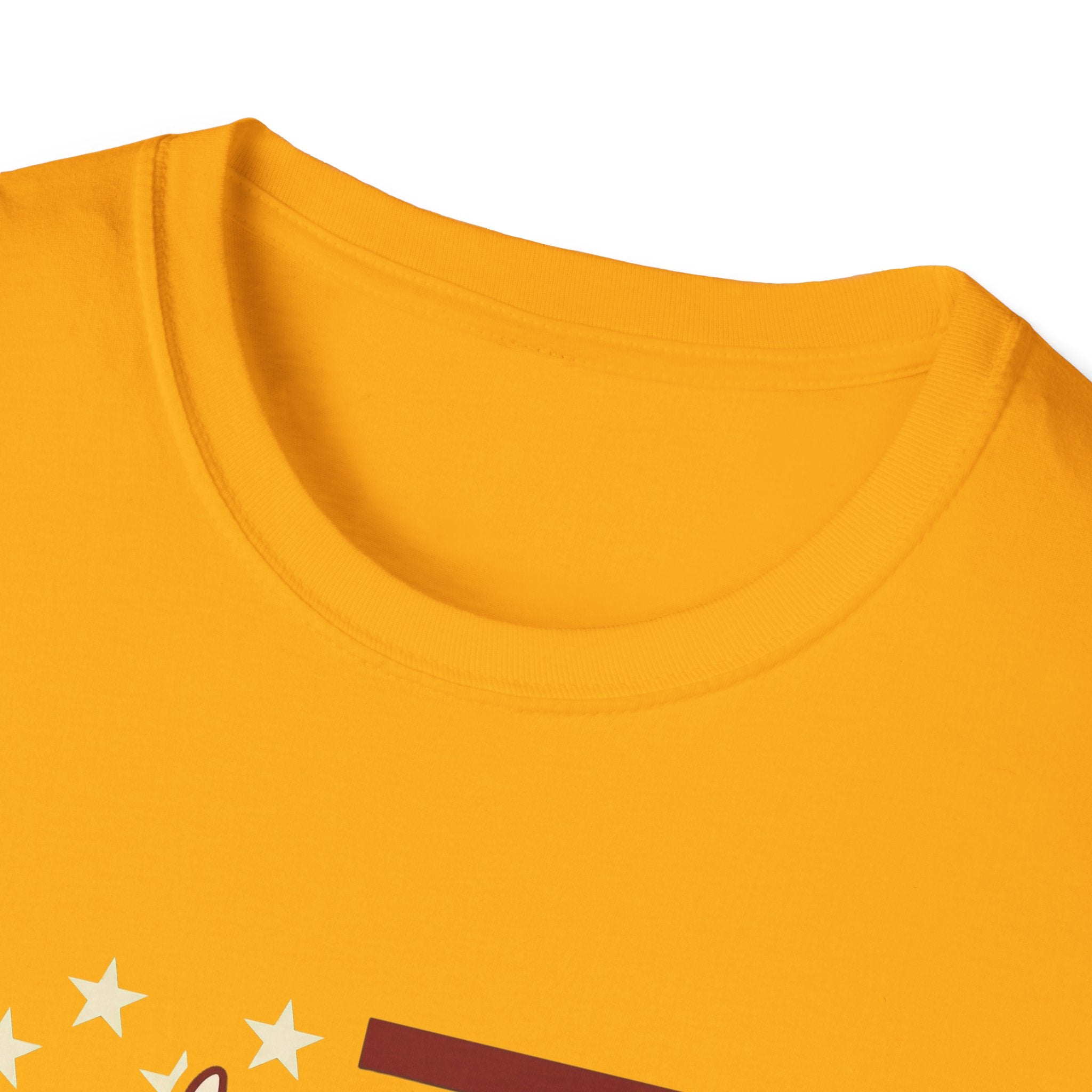 Pursuit of Fetch T-Shirt in gold yellow, closeup detail of the neckline and top of the chest showing the top of the flag graphic with cream stars and red stripe.