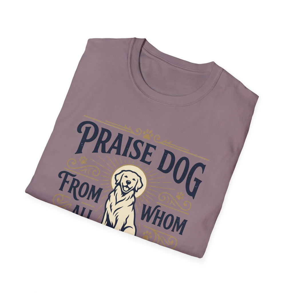 Praise Dog From Whom All Blessings Flow Golden Retriever T-Shirt folded view in dusty mauve, showing the vintage-style halo golden retriever graphic and Praise Dog lettering.