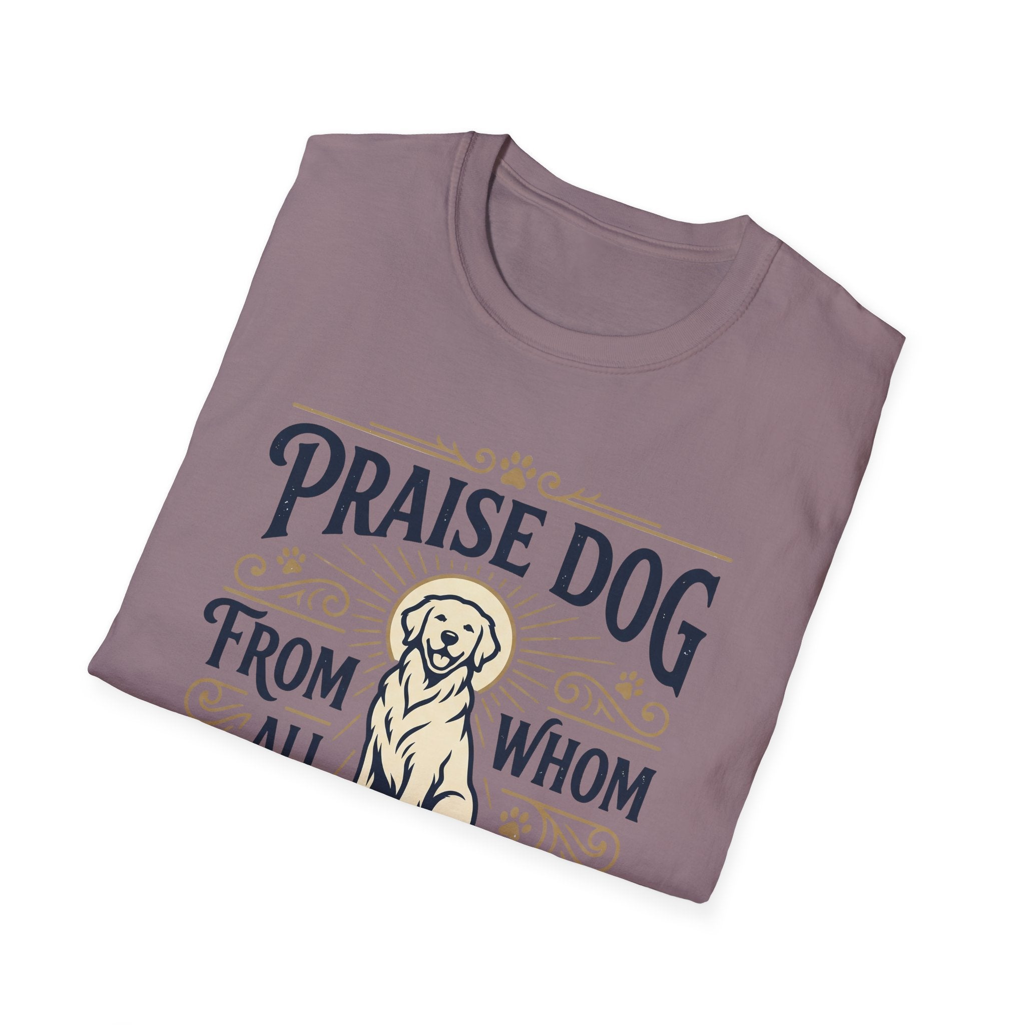 Praise Dog From Whom All Blessings Flow Golden Retriever T-Shirt folded view in dusty mauve, showing the vintage-style halo golden retriever graphic and Praise Dog lettering.