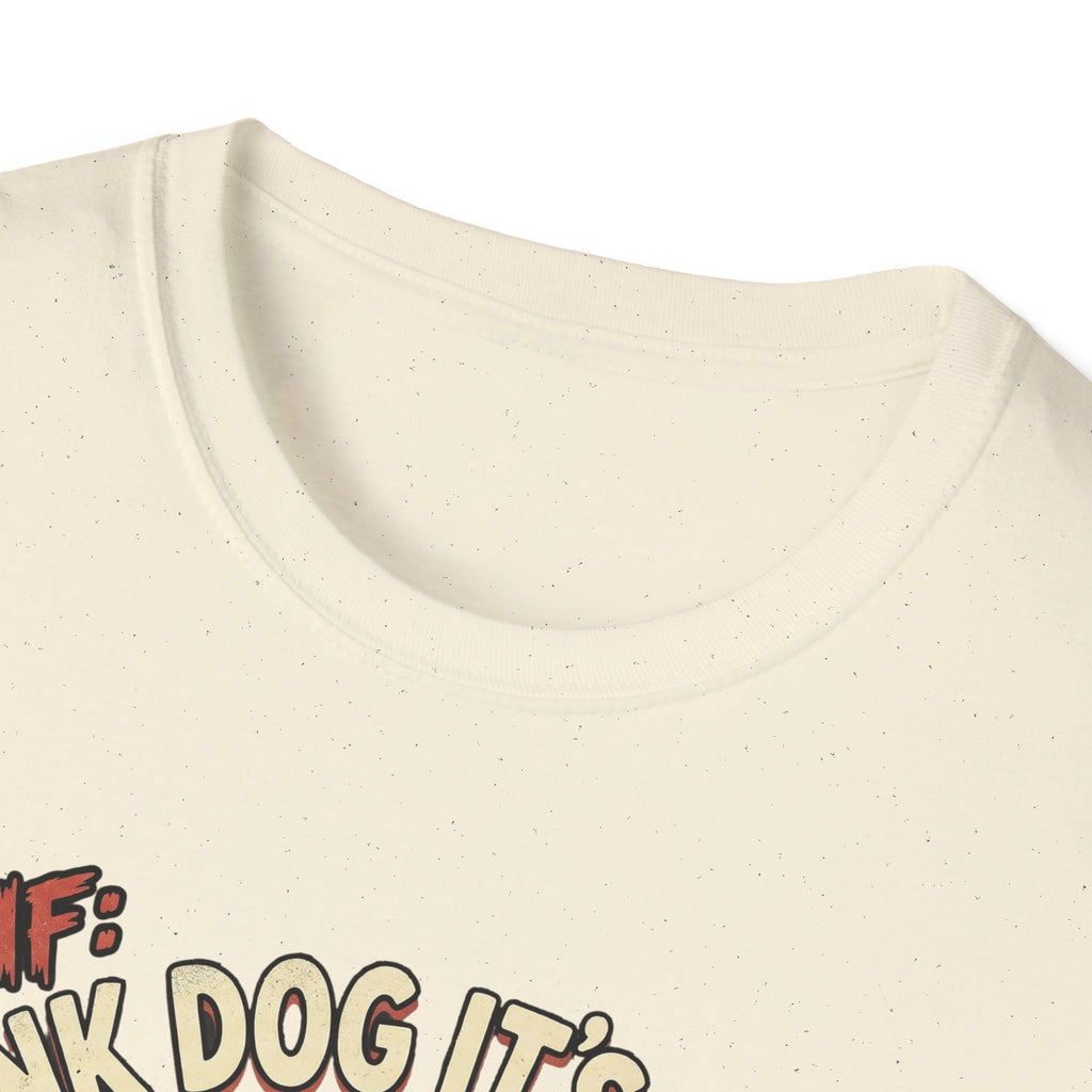 Thank Dog It's Friday T-Shirt close-up detail shot on natural cream shirt showing the neckline and top portion of the TDIF: Thank Dog It's Friday graphic.