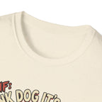 Thank Dog It's Friday T-Shirt close-up detail shot on natural cream shirt showing the neckline and top portion of the TDIF: Thank Dog It's Friday graphic.