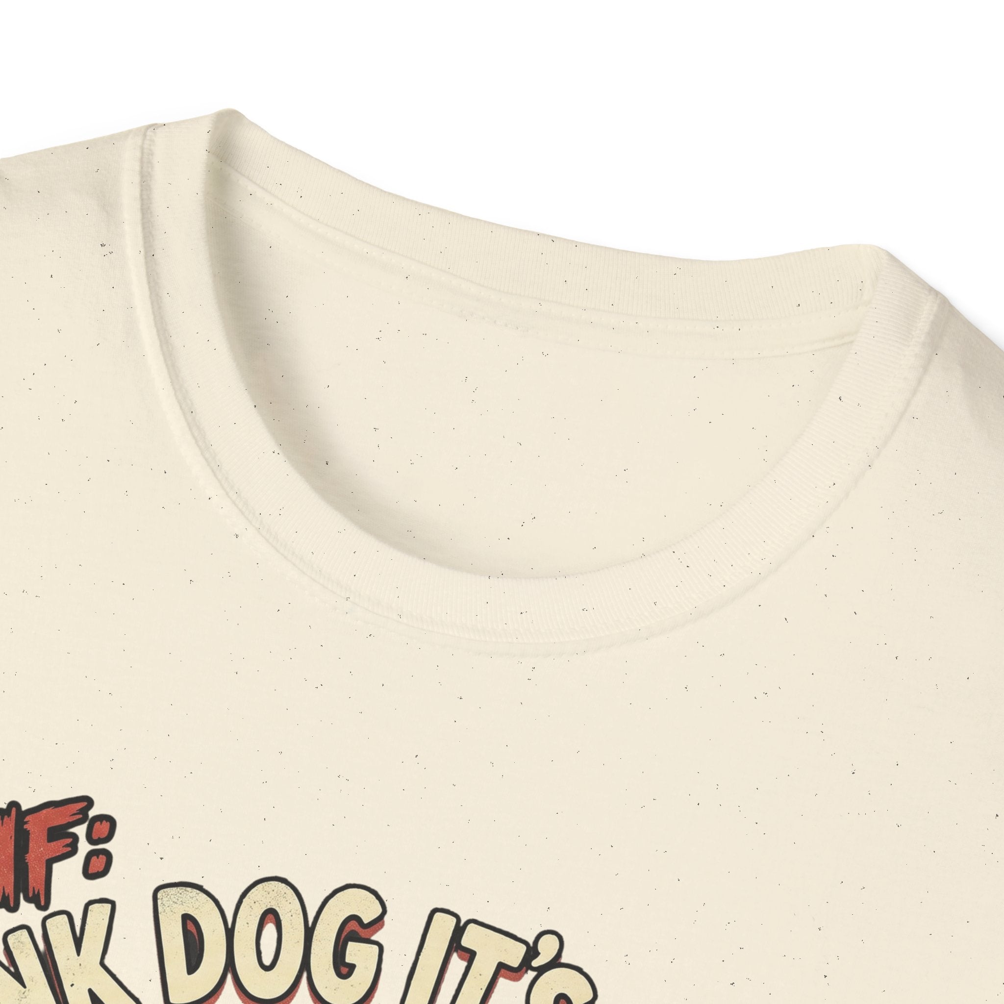 Thank Dog It's Friday T-Shirt close-up detail shot on natural cream shirt showing the neckline and top portion of the TDIF: Thank Dog It's Friday graphic.