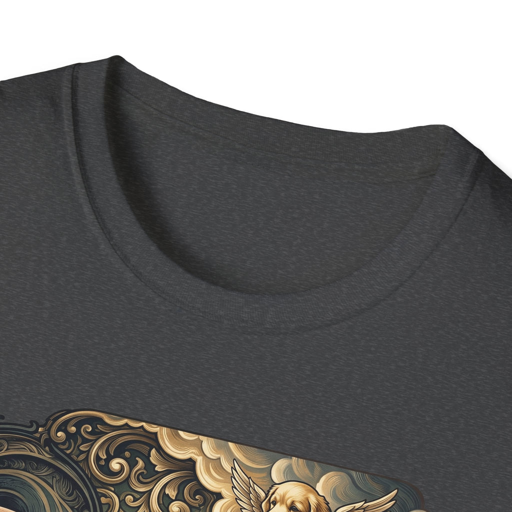 Creation of Adam T-Shirt close-up detail on dark heather grey shirt showing the angel golden retriever with wings and cherub in the baroque cloud design of the Creation of Adam parody graphic.
