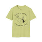 Rejoice in the Dog T-Shirt in kiwi light green, flat lay, featuring a playful line drawing of a woman joyfully dancing with a leaping dog and the text 'Rejoice in the Dog Always, and again I say rejoice!'