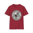 Saint Lobo Gather Us T-Shirt flat lay in cardinal red, featuring a vintage medallion graphic of a leaping border collie-style dog with a halo, surrounded by the text 'Saint Lobo — Gather Us.'