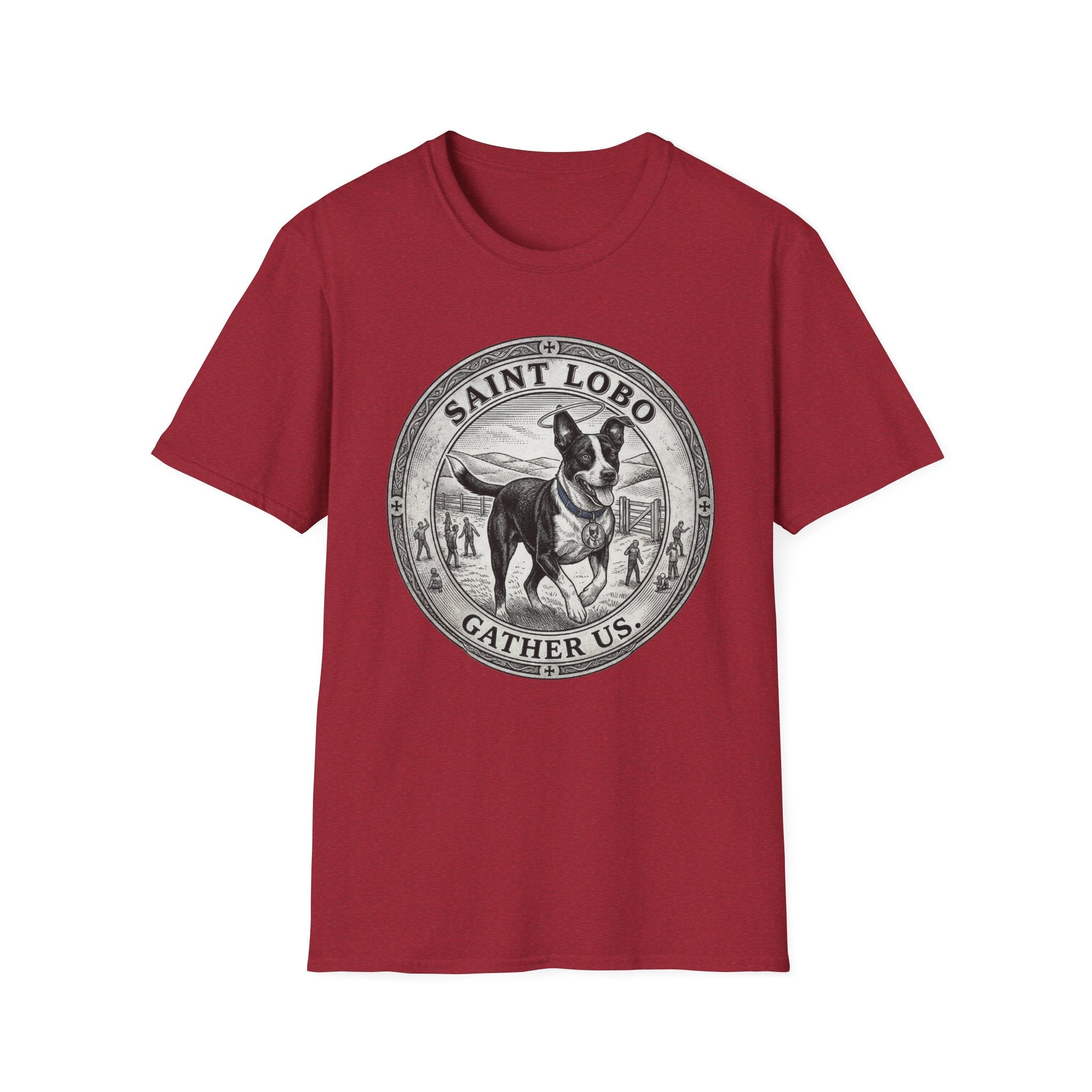 Saint Lobo Gather Us T-Shirt flat lay in cardinal red, featuring a vintage medallion graphic of a leaping border collie-style dog with a halo, surrounded by the text 'Saint Lobo — Gather Us.'